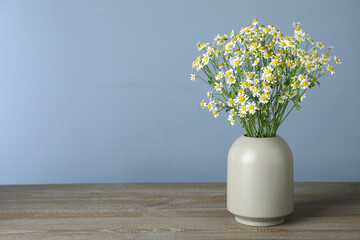 Vase with beautiful chamomile flowers on wooden table. Space for text