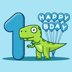 Happy 1st Birthday. Cute invitation card with dinosaur and balloons.