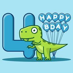 Happy 4th Birthday. Cute invitation card with dinosaur and balloons.