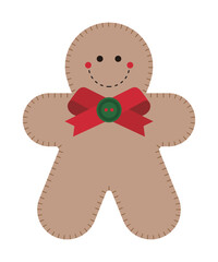 Cute human shape cookie decoration design for december winter christmas concept. The stitched cookie decorating is smiling and has a button ribbon.