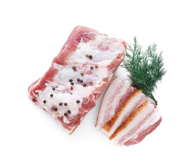 Pieces of pork fatback with dill and spices isolated on white, top view