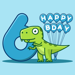 Happy 6th Birthday. Cute invitation card with dinosaur and balloons.