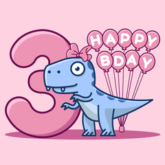 Cute dinosaur with bow 3rd birthday invitation card with balloons