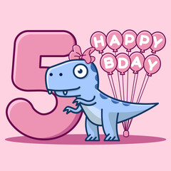 Cute dinosaur with bow 5th birthday invitation card with balloons