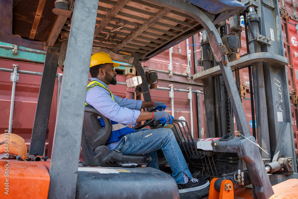 Aufkleber foreman working at container stock yard with drive a loader forklift steering wheel control for tran