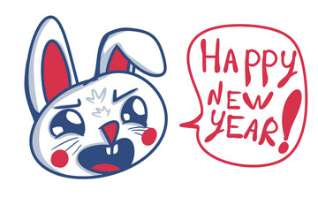 Hand-drawn rabbits and hares. For the New year 2023. On a white background. Isolated. In cartoon style. The rabbit’s head says Happy new year !