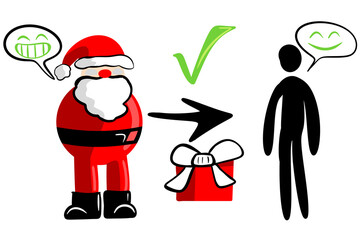 Hand-drawn in minimalist style Santa Claus and person. Santa gives gift to person, everyone is happy. This is the right action. On white background, isolated. For Christmas and new year