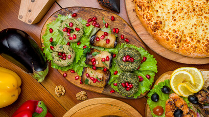 assorted pkhali Georgian cuisine on wooden table top view