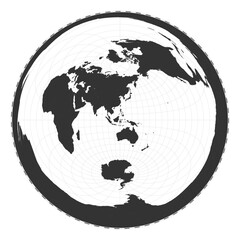 Vector world map. Azimuthal equidistant projection. Plain world geographical map with latitude and longitude lines. Centered to 120deg W longitude. Vector illustration.
