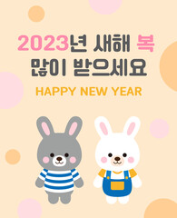 Obraz na płótnie Canvas Cute and smiling two rabbit character illustration for 2023 new year concept. 2023 is called 'the year of the rabbit' in Korea. It says 'Happy New Year' in Korean.