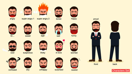 Set of Businessman characters design. Front, Back view character. Presenting the expressions in each mood. Face emotions. Facial expressions. Cartoon style. Business Concept. Vector illustration