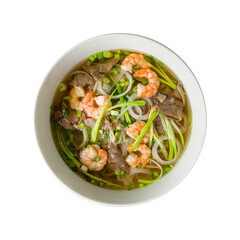 Vietnamese soup Pho with shrimps, onion and noodles isolated on white background top view