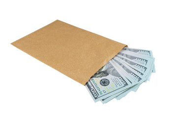 Pile of new design US dollar bills in brown envelope isolated on transparent background, PNG. Hundreds of dollar cash banknotes. Business, finance, bank, currency, economy, wealth concept