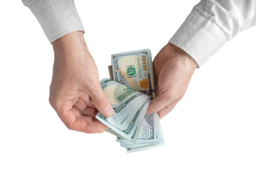 Man counting money. Allocation of money, economy concept, US dollar falling or rising. Man hands with dollar cash isolated on transparent background, PNG Business, finance, bank, currency