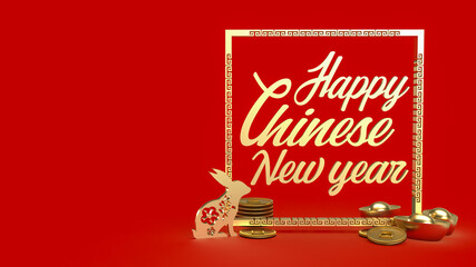 The gold rabbit and vintage Chinese money on red background  3d rendering