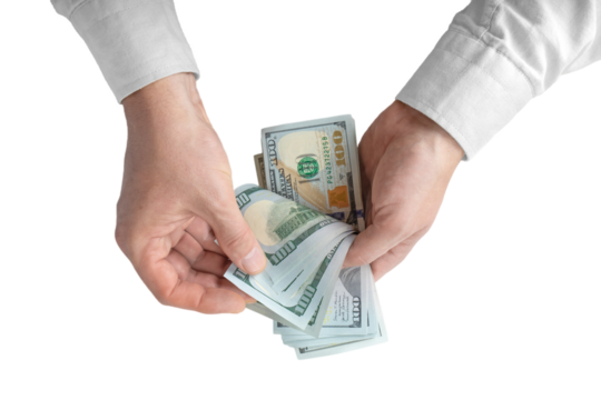 Man counting money. Allocation of money, economy concept, US dollar falling or rising. Man hands with dollar cash isolated on transparent background, PNG Business, finance, bank, currency