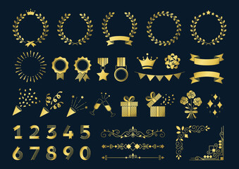 Set of frames and illustrations for festive designs, gold clipart on Navy background.