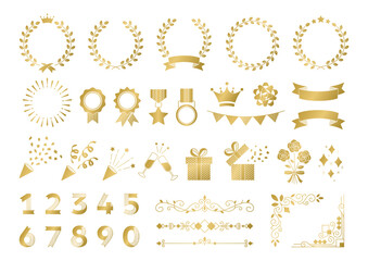 Set of frames and illustrations for festive designs, gold clipart on white background.