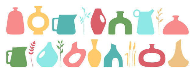 Vase shape and ceramic pot, jug or jar bottles silhouette set. Cozy home decor handmade boho pottery form and branch leaves. Antique various vases, hand drawn vessel. Trendy art vector illustration