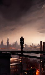 person overlooking city sci-fi fantasy illustration conceptual dystopian style scene futuristic artwork
fictional digital painting textured background generative AI art