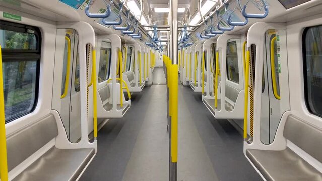 Interior of Hong Kong MTR train, empty with no one during COVID 19 pandemic