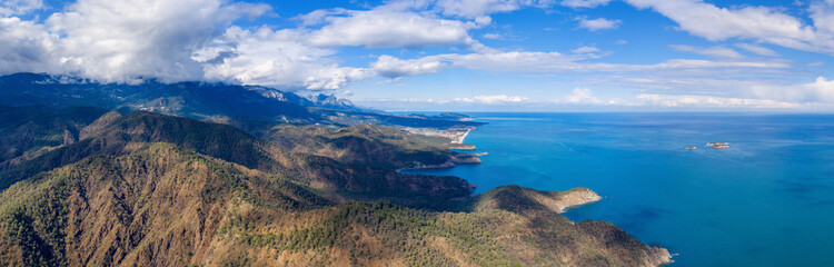 Obraz premium Panoramic drone view of Mediterranean coastline between Tekirova and Chirali on sunny winter day. Turkey.