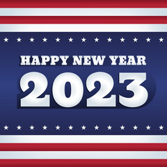 Vector web banner. Abstract background with the colors and elements of USA flag. Greeting text in a bold font: Happy New Year 2023. Retro styled design. Square format.