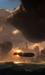 Fototapeta na wymiar space ship sci-fi fantasy illustration conceptual dystopian style scene futuristic artwork fictional digital painting textured background generative AI art