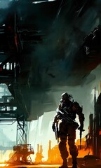 Fototapeta na wymiar Soldier sci-fi fantasy illustration conceptual dystopian style scene futuristic artwork fictional digital painting textured background generative AI art