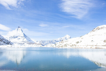 Winter landscape of Matterhorn at Riffelsee Lake, Gornergrat, Zermatt, Switzerland