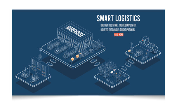 3D isometric Smart logistics concept with Delivery Robot, Warehouse Logistics and Management, Logistics solutions complete supply chain, transportation truck. Eps10 vector illustration