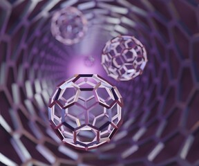 fullerene buckyballs inside of the carbon nanotube 3d rendering