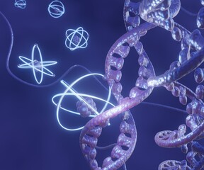 Atomic radiation on DNA strands. atoms and DNA helix 3d rendering - obrazy, fototapety, plakaty