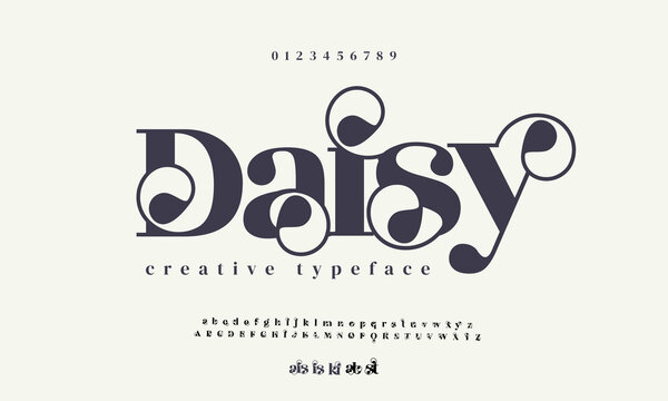 Daisy luxury elegant alphabet letters and numbers. Elegant wedding typography classic serif font decorative vintage retro. 