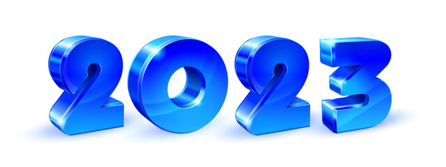 2023 3d Realistic blue numbers. Merry Christmas and Happy New Year 2023 greeting card on  transparent background.