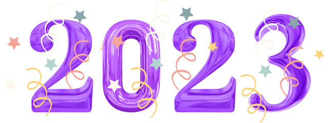 2023 3d Realistic purple Foil Balloons. Merry Christmas and Happy New Year 2023 greeting card on  transparent background.