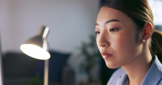 Asian woman, office and hands typing on keyboard at night finishing project or deadline. Face, sequence and female employee from Japan writing email, sales proposal and working late in workplace.