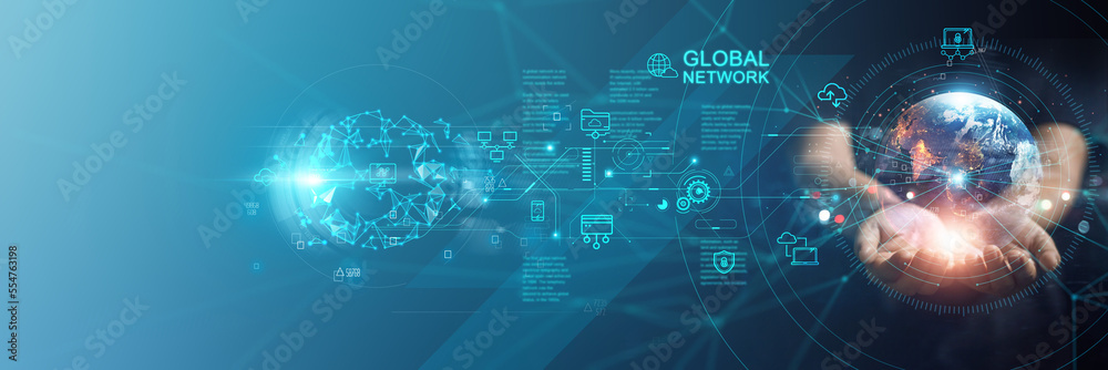 Aufkleber .Businessman holding global business network and data exchanges, Innovation of future generation technology, AI. Technology and data connection on Digital networking. Cloud computing.