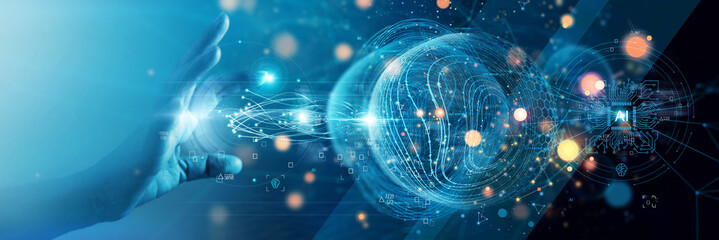 .Businessman touching global network and data exchanges,  Innovation of future generation...