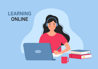 Online education concept vector illustration. Student learning online via laptop computer screen.