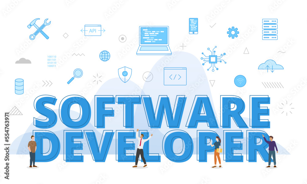Wall mural software developer concept with big words and people surrounded by related icon spreading with moder