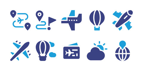 Travel icon set. Duotone color. Vector illustration. Containing route, destination, airplane, air balloon, plane, hot air balloon, boarding pass, sun, planet earth.