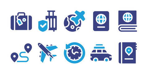 Travel icon set. Duotone color. Vector illustration. Containing suitcase, travel insurance, travel, passport, travel guide, distance, airplane, time travelling, car.