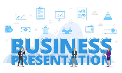 business presentation concept with big words and people surrounded by related icon spreading with modern blue color style