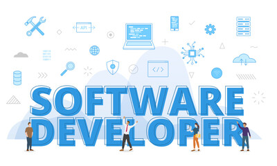 software developer concept with big words and people surrounded by related icon spreading with modern blue color style