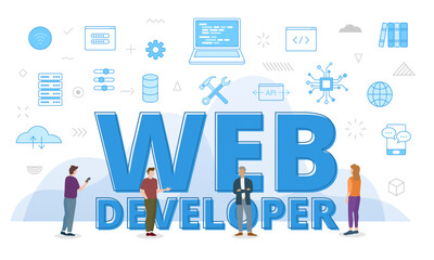 web developer concept with big words and people surrounded by related icon spreading with modern blue color style