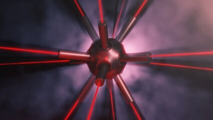 Spherical high energy laser fusion reactor. Sphere with rods receiving, emitting red laser beams. 3d illustration render future energy concept.