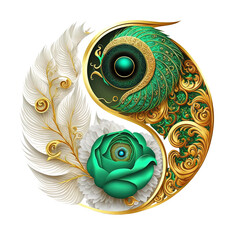 yin yang symbol made of peacock feather and jewels, transparent background, generative AI - obrazy, fototapety, plakaty