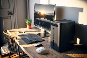 A desktop computer setup and work space at home. Generative AI