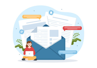 Email Service with Correspondence Delivery, Electronic Mail Message and Business Marketing in Flat Cartoon Hand Drawn Templates Illustration